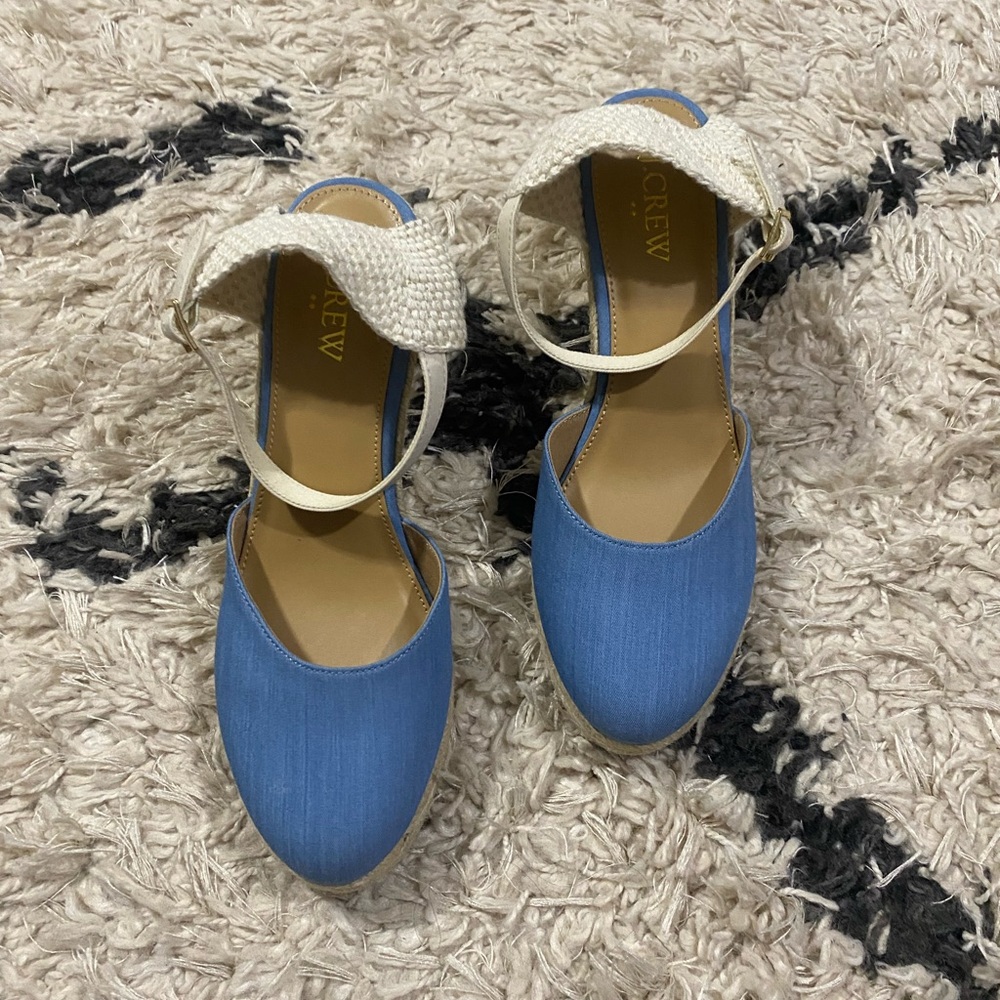 J.Crew Blue and Cream Knit Ankle Strap Espadrille Platform Wedges - Picture 2 of 10